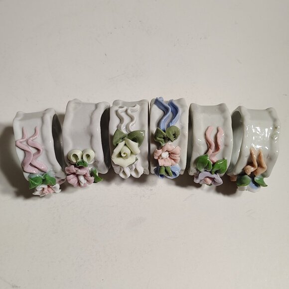 Vintage Victorian Hand Painted Porcelain Napkin Rings Decor Floral Rose Set of 6 - Picture 1 of 7